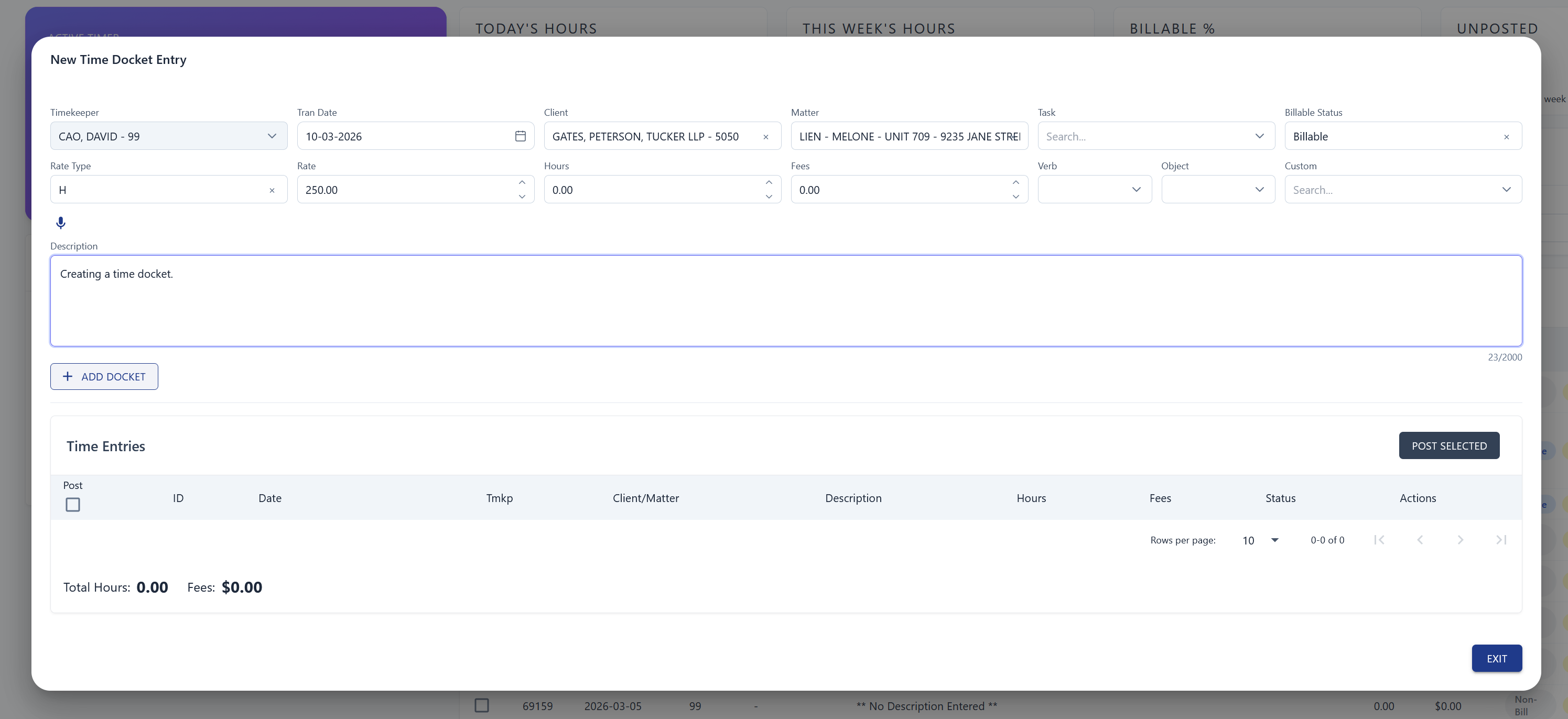 New docket form with fields for client, matter, and fees