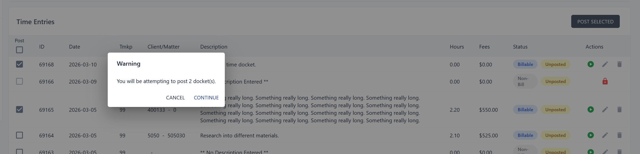 Docket table with Post checkboxes and POST SELECTED button