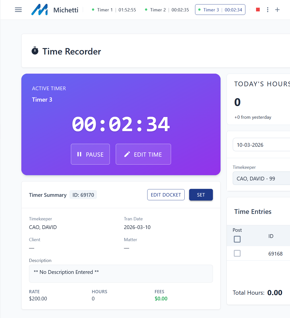 Active timers displayed in the top bar