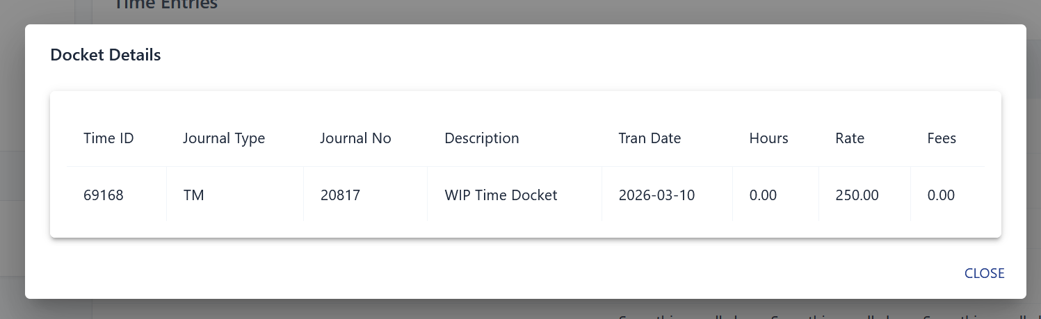 Docket history showing audit trail