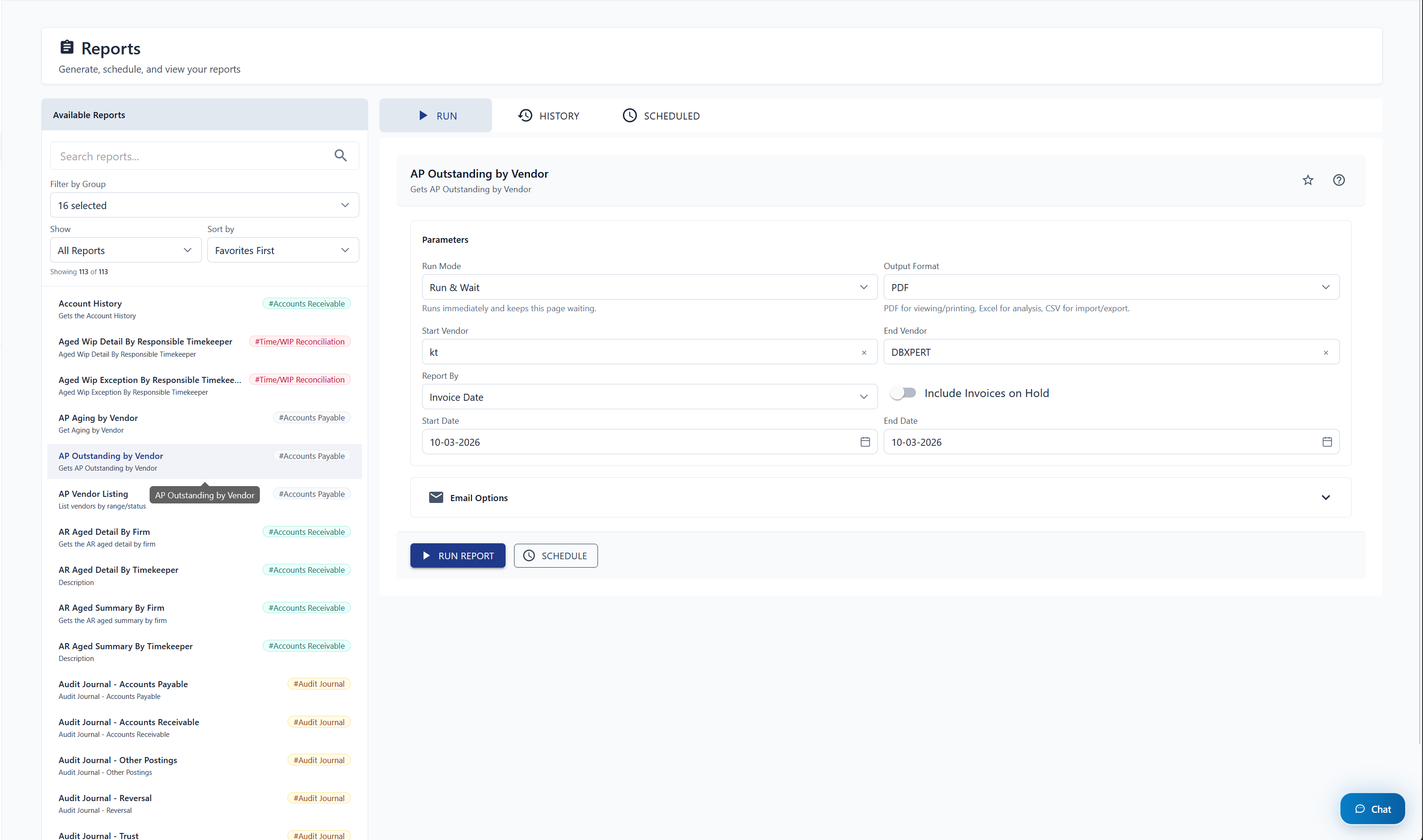Reports tab showing the full list of available reports