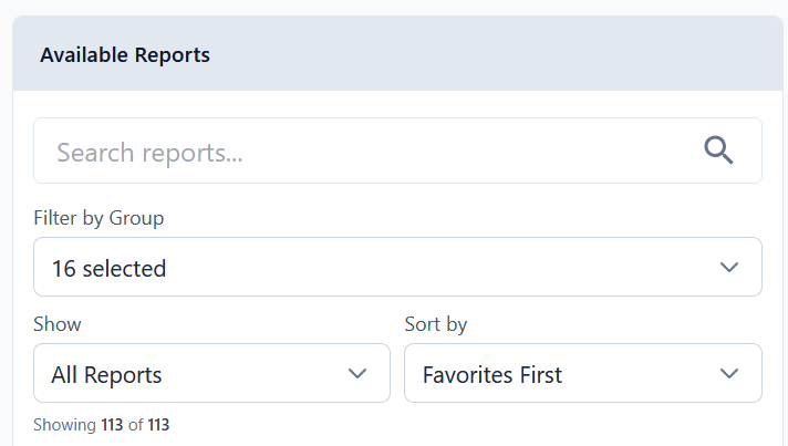 Search and filter controls at the top of the report list