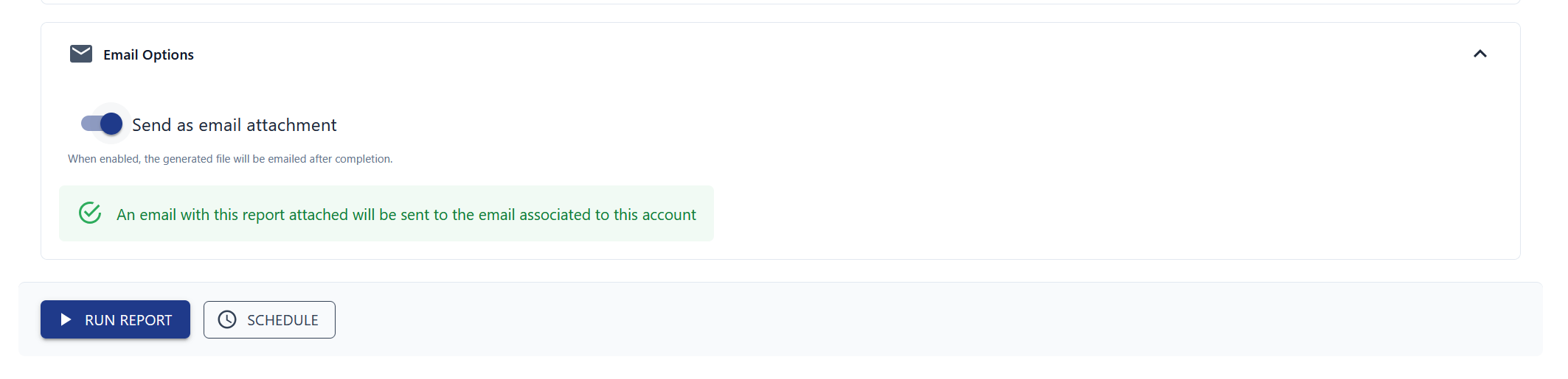 Report Run tab with parameters and action buttons