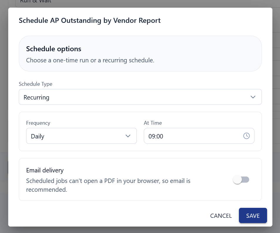 Schedule dialog with Run Once and Recurring options