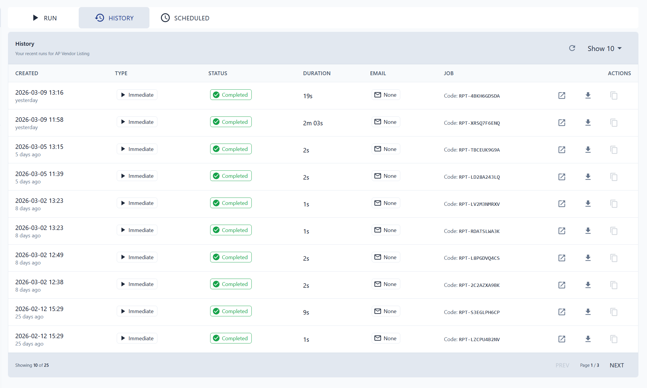 History tab showing past report runs with status and download options