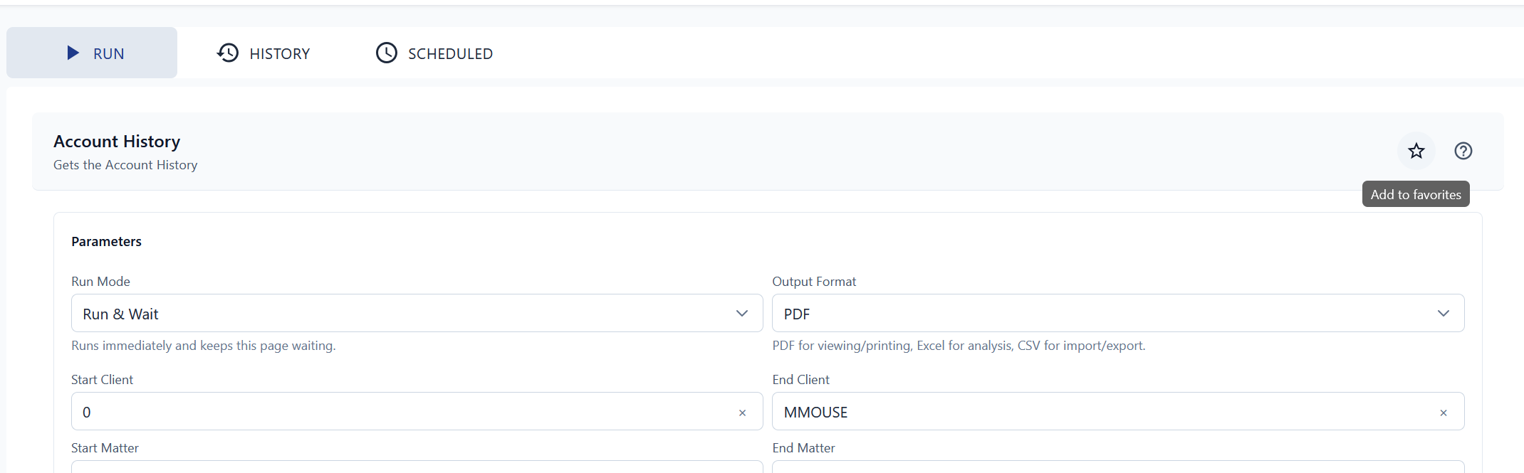 Star icon to favourite a report
