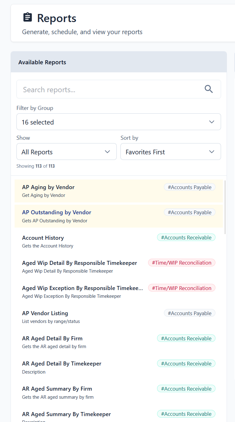 Favourited report highlighted in yellow
