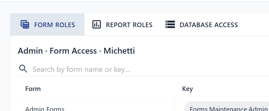 Role Management page with Forms, Reports, and Databases tabs