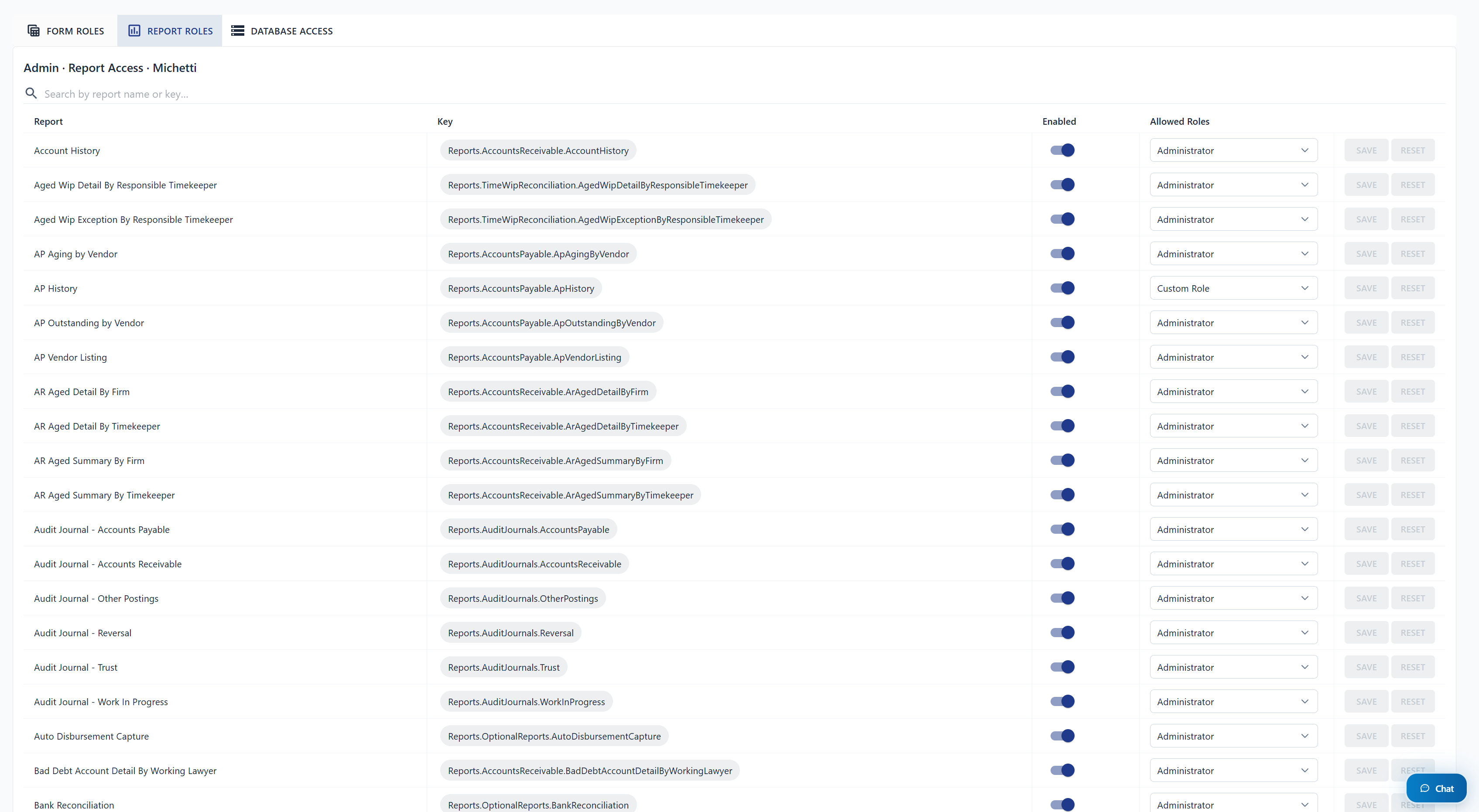 Forms tab showing role-based access toggles