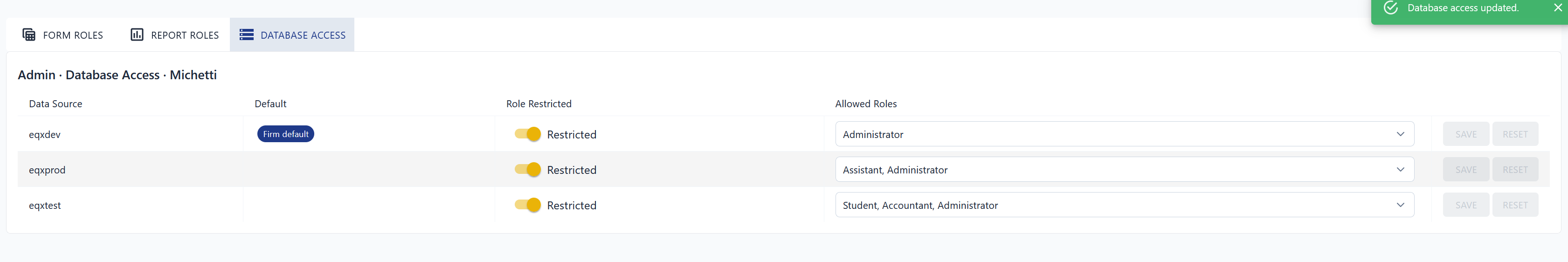 Granting the Student role access to a test database