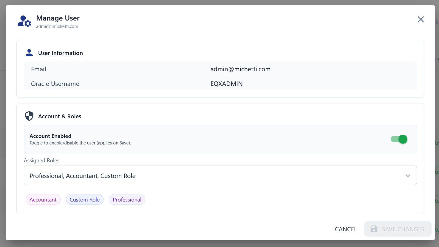 Manage User window with enable/disable toggle and role assignment