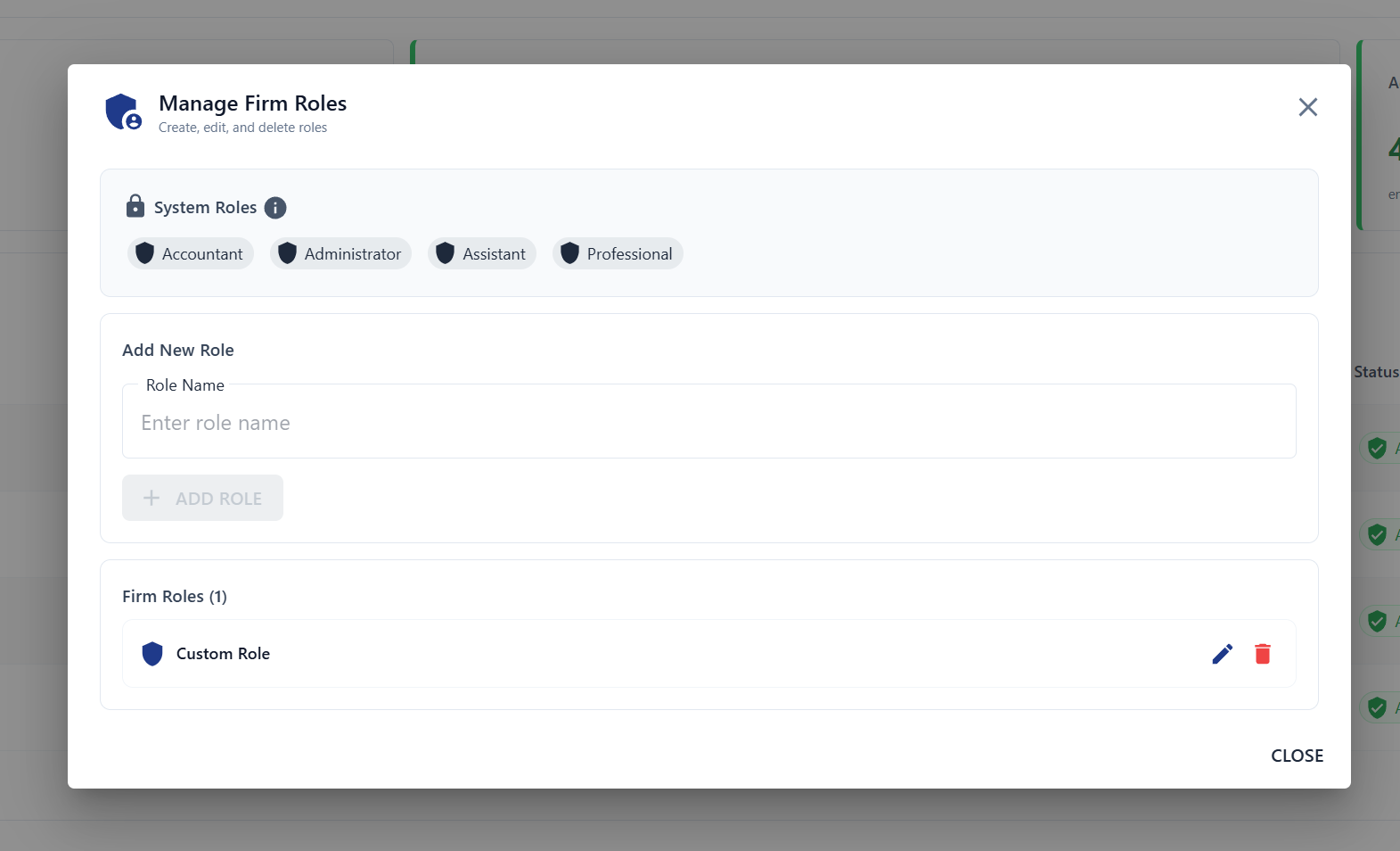 Manage Roles dialog with create, edit, and delete options