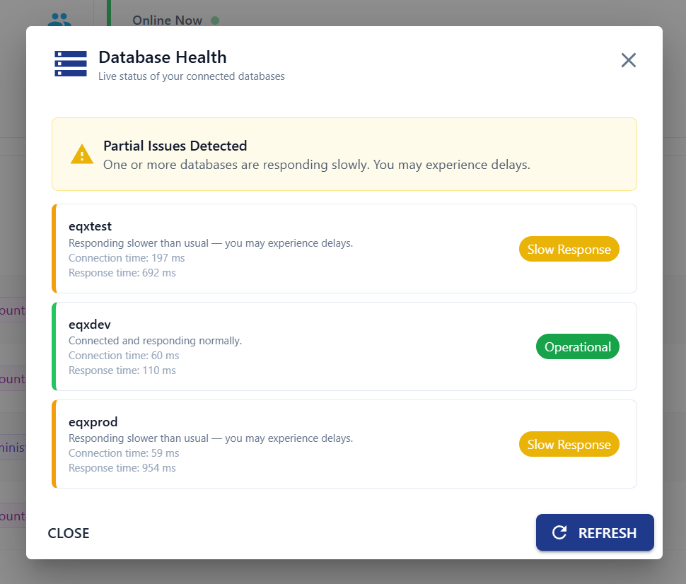 Database Health panel showing connection speed